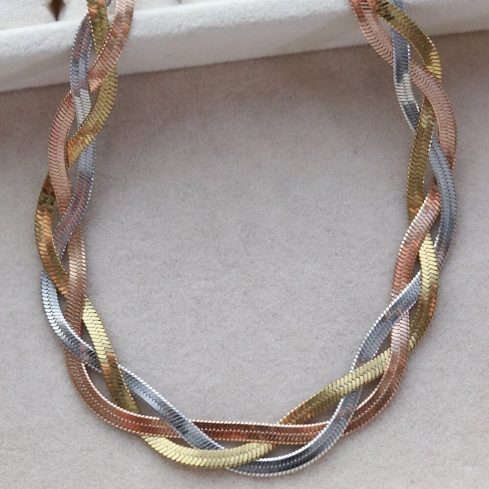 Tri-Tone Braided Herringbone Necklace — Gold, Rose Gold & Silver